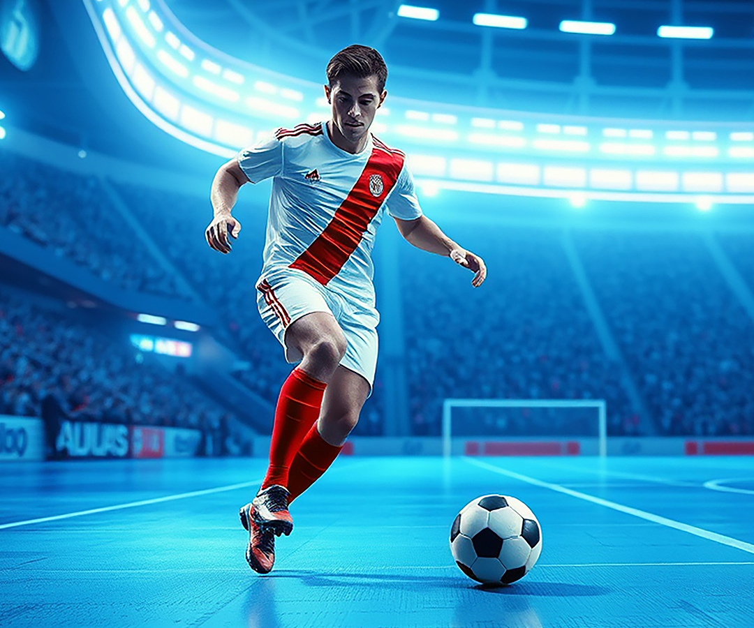 Jugador de futbol sala con el balón en la cancha .