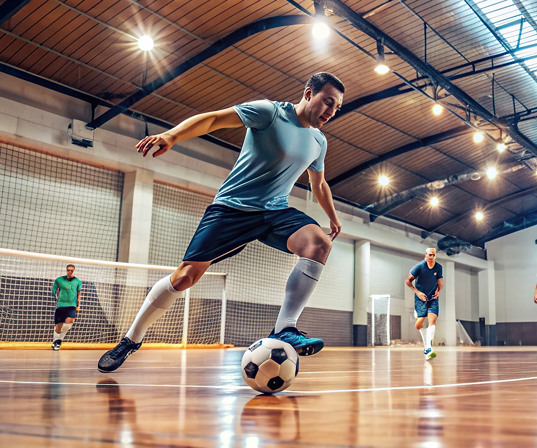 Tres jugadores de futbol sala en cancha 